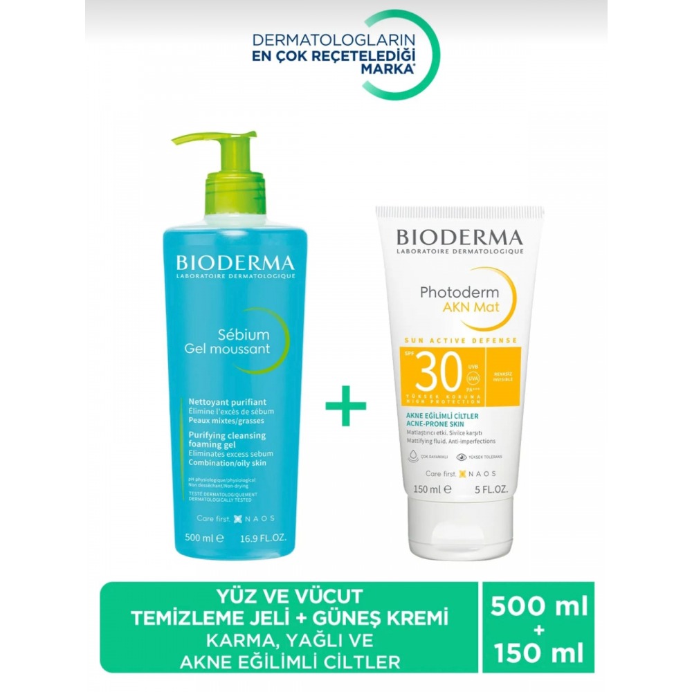Bioderma Sebium Akne Eğilimli Ciltler Yüz Temizleme Jeli 500 ML & Photoderm AKN MAT Güneş Kremi 150 ML