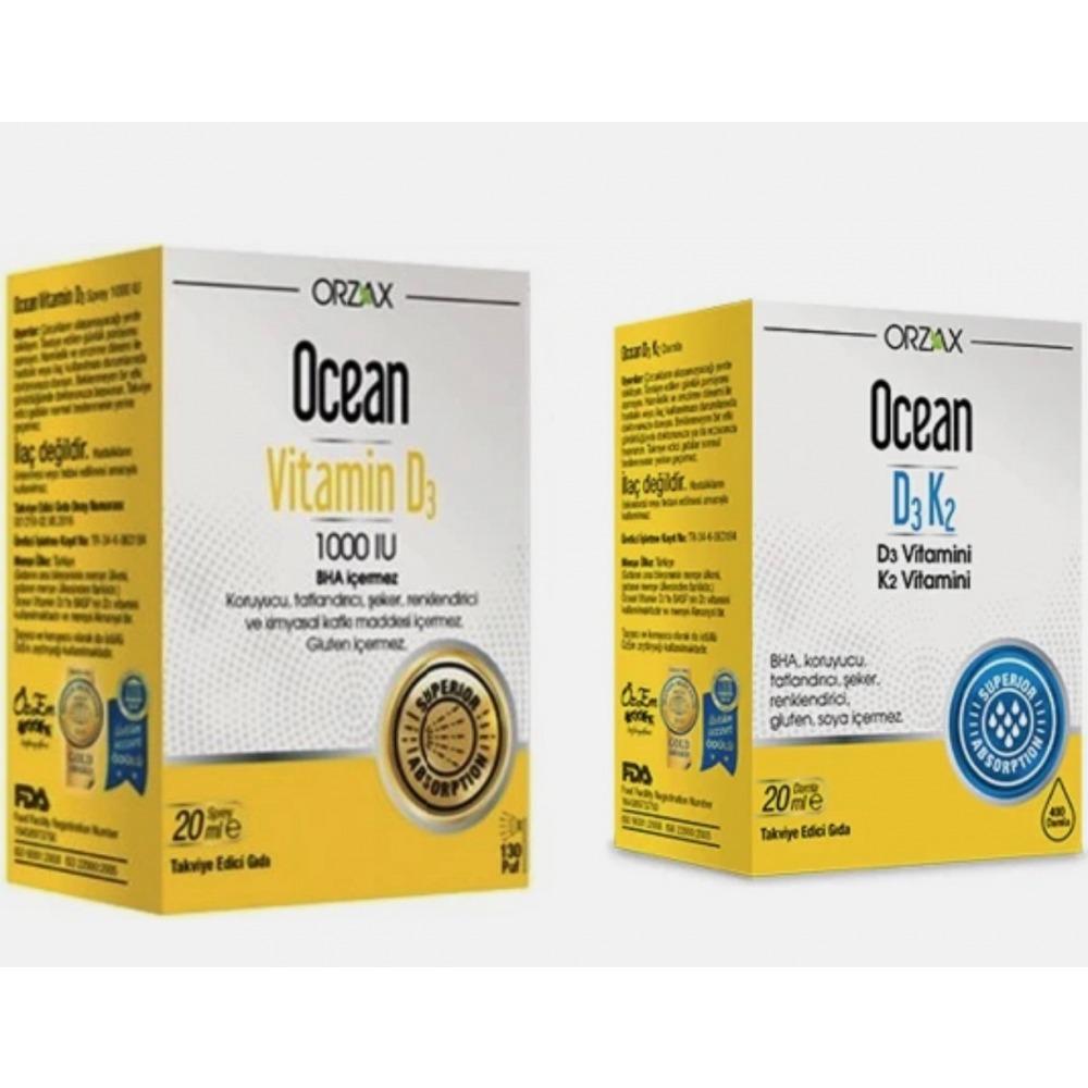 Orzax Ocean Vitamin D3 1000 IU Sprey 20ml & Orzax Ocean D3K2 Vitamin Damla 20 ml