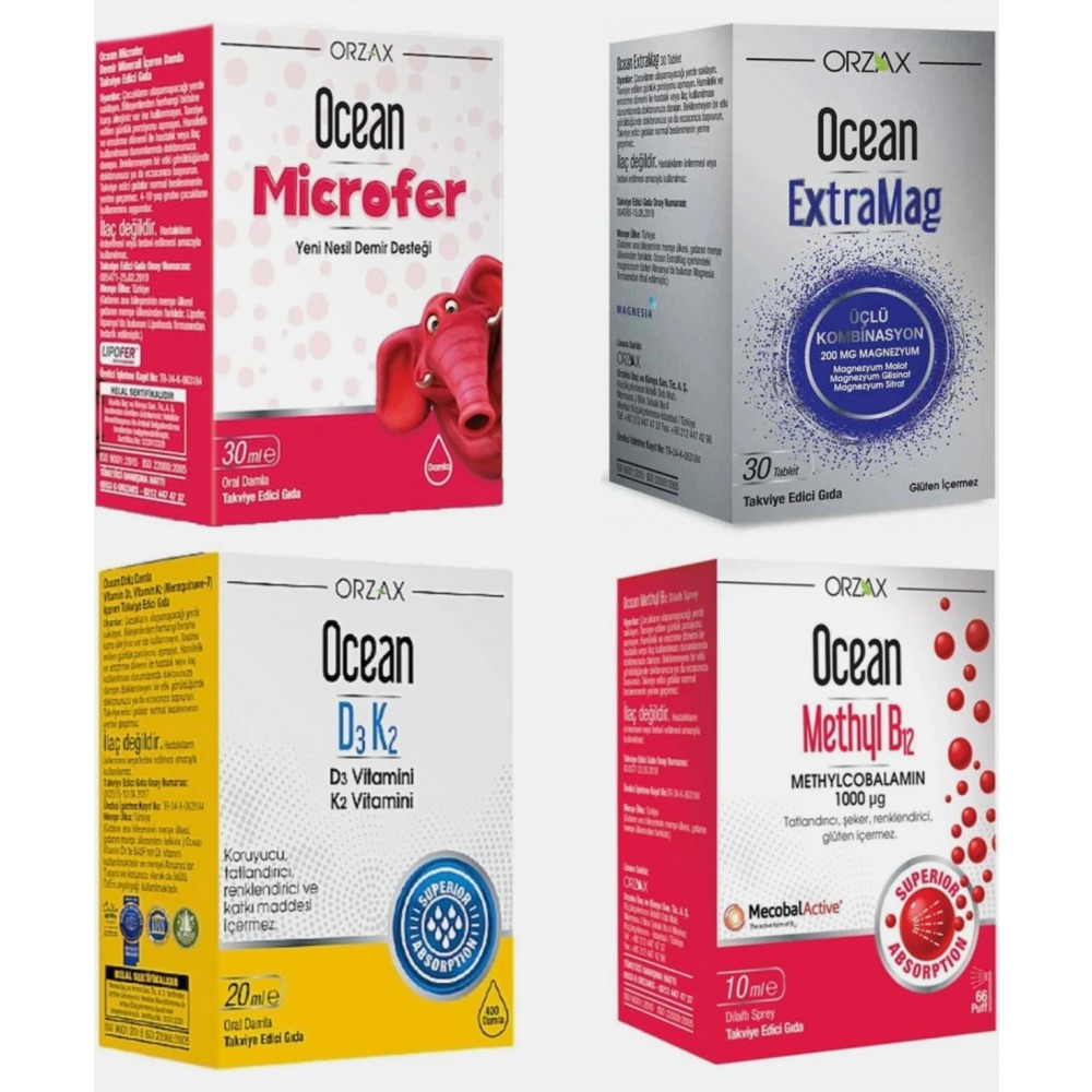 Orzax Microfer Takviye Edici Gıda 30 ml - Damla &  D3K2 Vitamin Damla 20 ml & ExtraMag Üçlü Kombinasyon 30 Tablet &  Methyl B12 10 ml Takviye Edici Gıda 4'lü Avantajlı Set