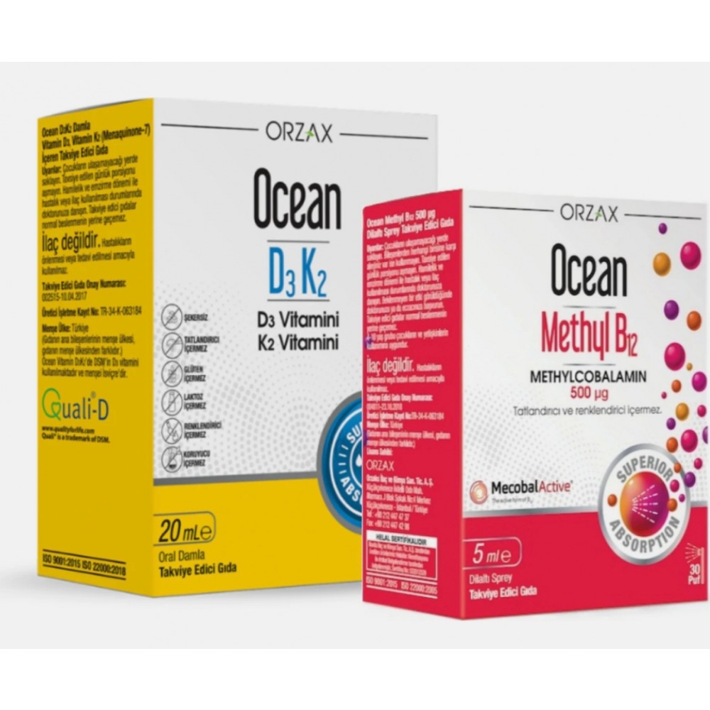 Orzax Ocean Methyl B12 Dilaltı Sprey 5 ml - 30 Doz & Orzax Ocean D3K2 Vitamin Damla 20 ml