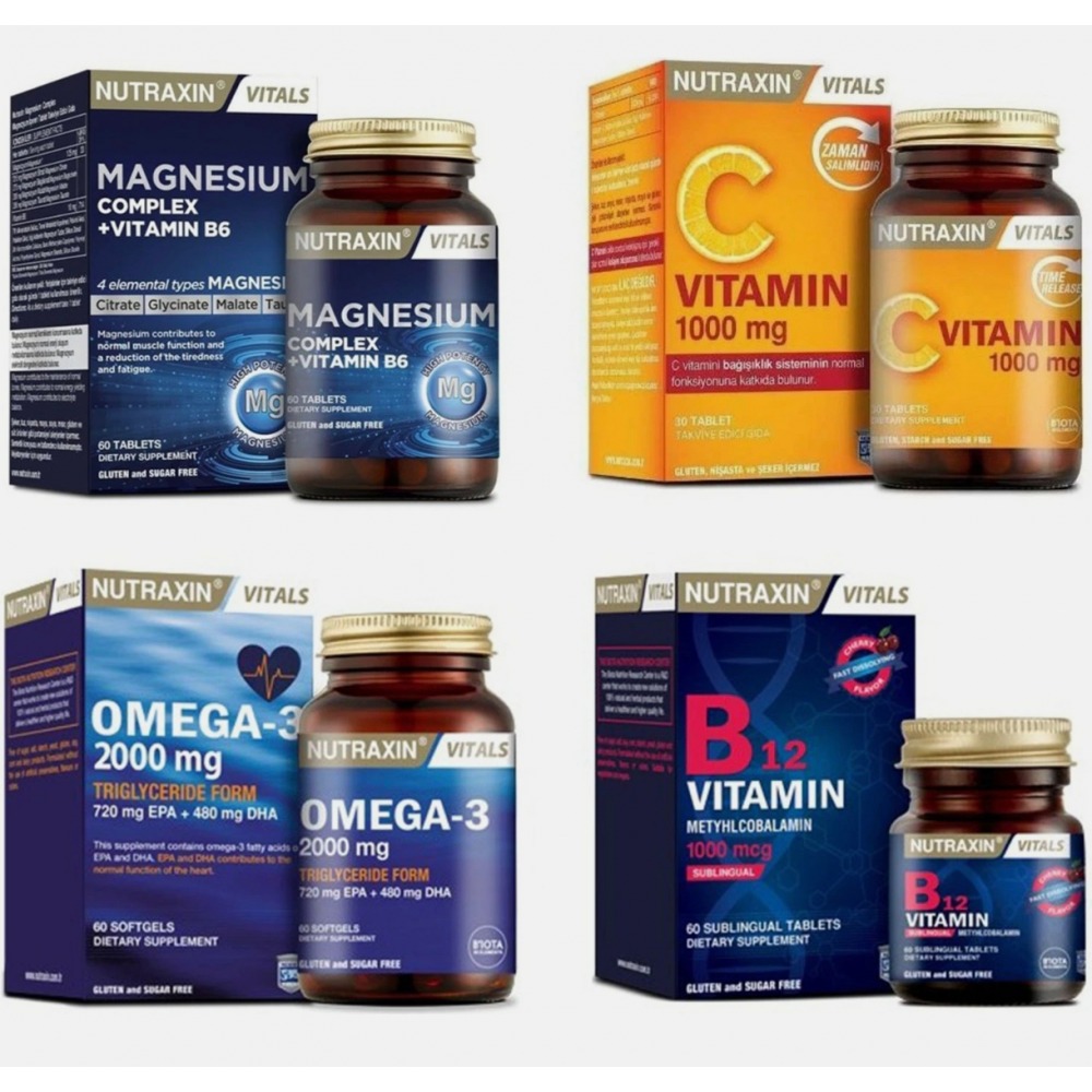 Nutraxin Magnesium Complex 60 Tablet & Nutraxin Vitals B12 Vitamin 60 Tablet & Nutraxin Vitamin C 1000 mg Takviye Edici Gıda 30 Tablet & Nutraxin Omega 3 Balık Yağı 2000 mg 60 SoftGel 
