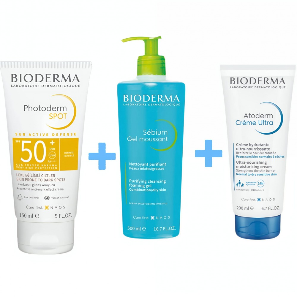 Bioderma Photoderm Spot SPF 50+ Leke Karşıtı Güneş Kremi 150 ml & Sebium Foaming Cilt Temizleme Jeli 500 ml & Atoderm Krem Ultra 200 ml 3'LÜ SET 