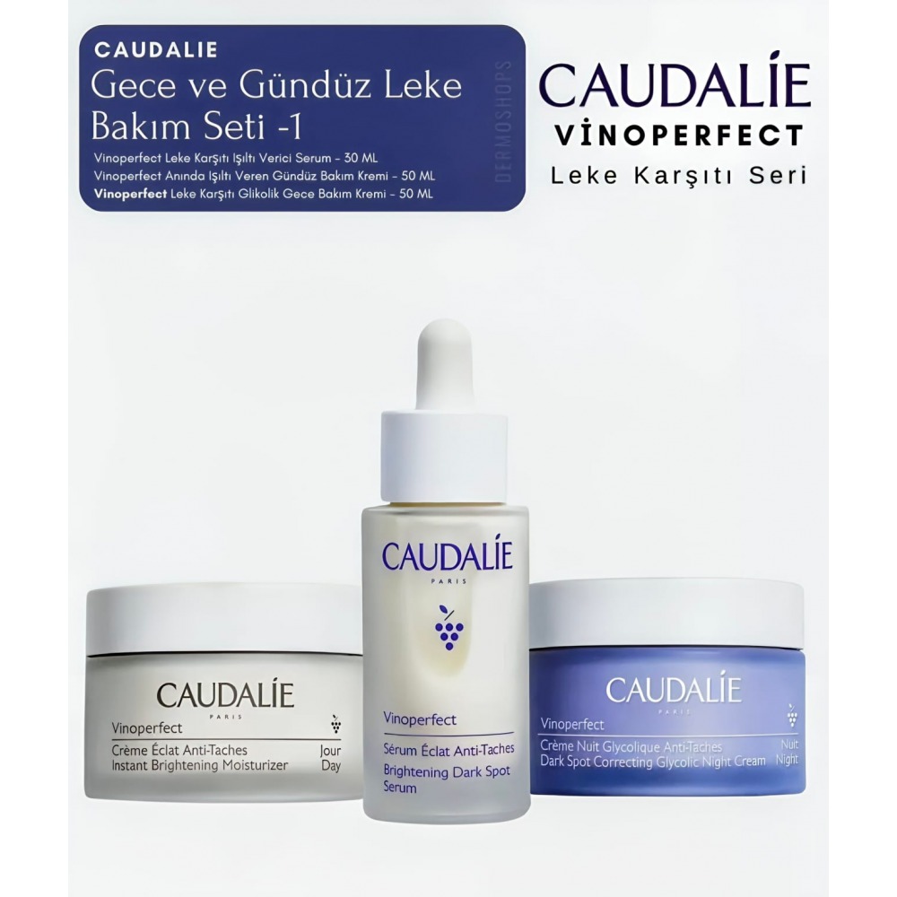 Caudalie Vinoperfect Dark Spot Leke Karşıtı Gündüz Bakım Kremi 50 ml & Caudalie Vinoperfect Leke Karşıtı ve Işıltı Verici Serum 30 ml &  Caudalie Vinoperfect Leke Karşıtı Glikolik Gece Bakım Kremi 50 ml 